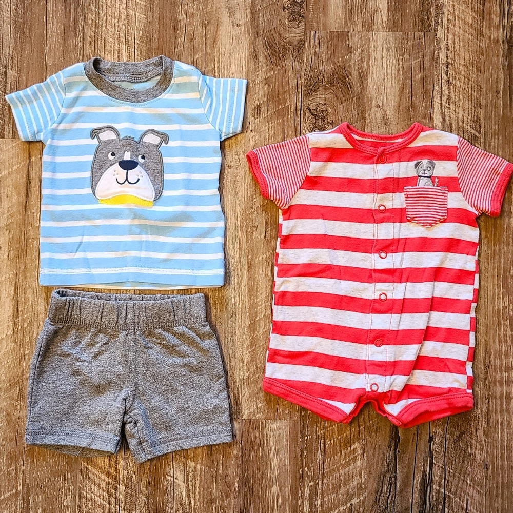 3 Month Boy Carter's Striped Embroidered Dog Romper & Shirt and Shorts Outfit